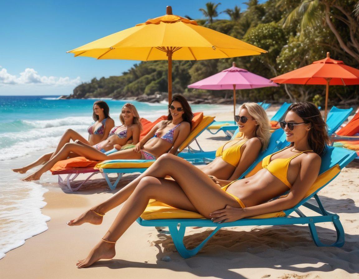 A vibrant beach scene featuring a diverse group of stylish individuals in trendy bikinis and thongs, enjoying the sun and surf. Include colorful beach umbrellas, lounge chairs, and a clear blue ocean in the background. Add playful splashes of water and sunbathers showcasing different swimwear styles, radiating summer vibes. The atmosphere should be lively and inviting. super-realistic. vibrant colors. sunny ambiance.