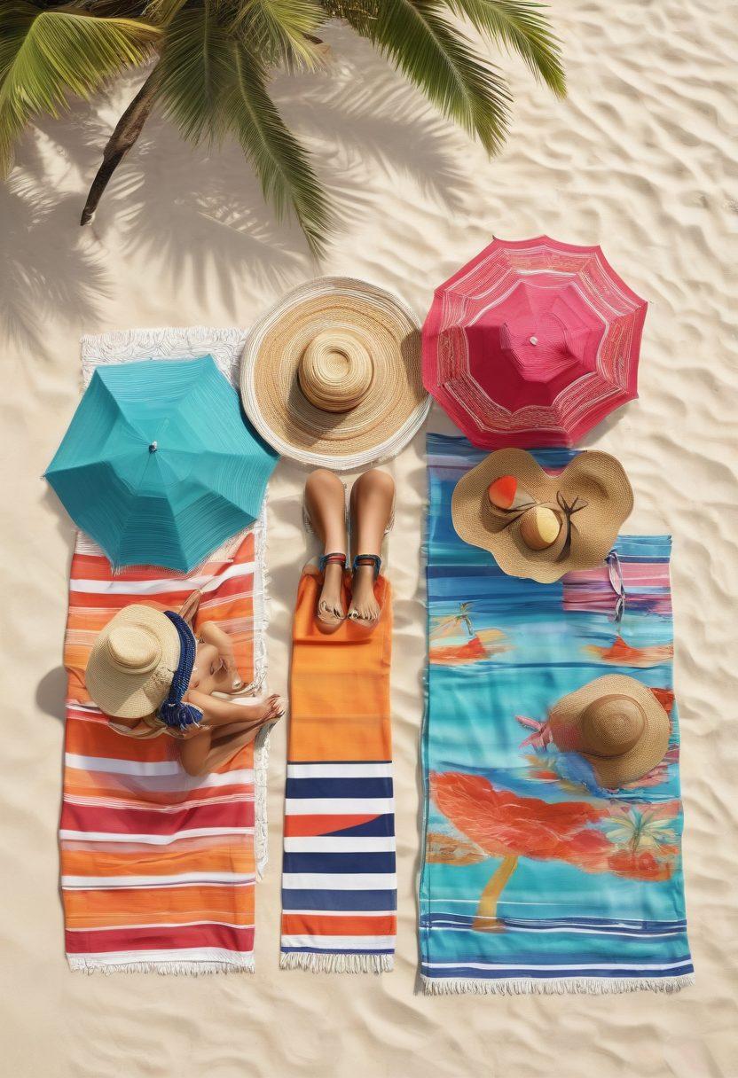 A fashionable beach setting with a diverse group of stylish individuals showcasing trendy summer outfits, vibrant beach umbrellas, and chic accessories like oversized hats and sunglasses. The scene captures a sunny day with crystal-clear waves and palm trees in the background. Include elements like colorful beach towels and fashionable flip-flops to enhance the beach vibe. bright and colorful. super-realistic.